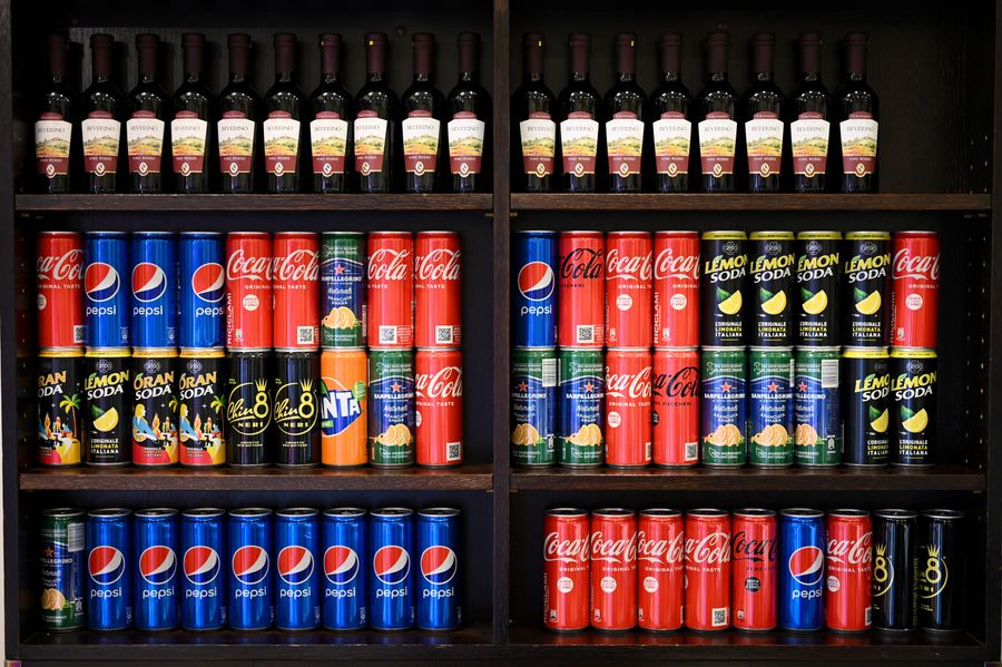Drinks: cans and bottles of soft drinks